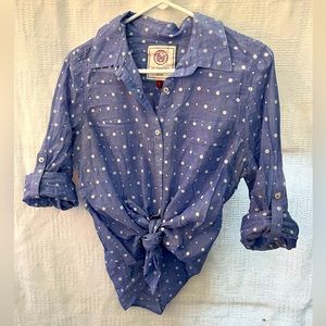 Super cute light blue and white polka dot button up shirt
